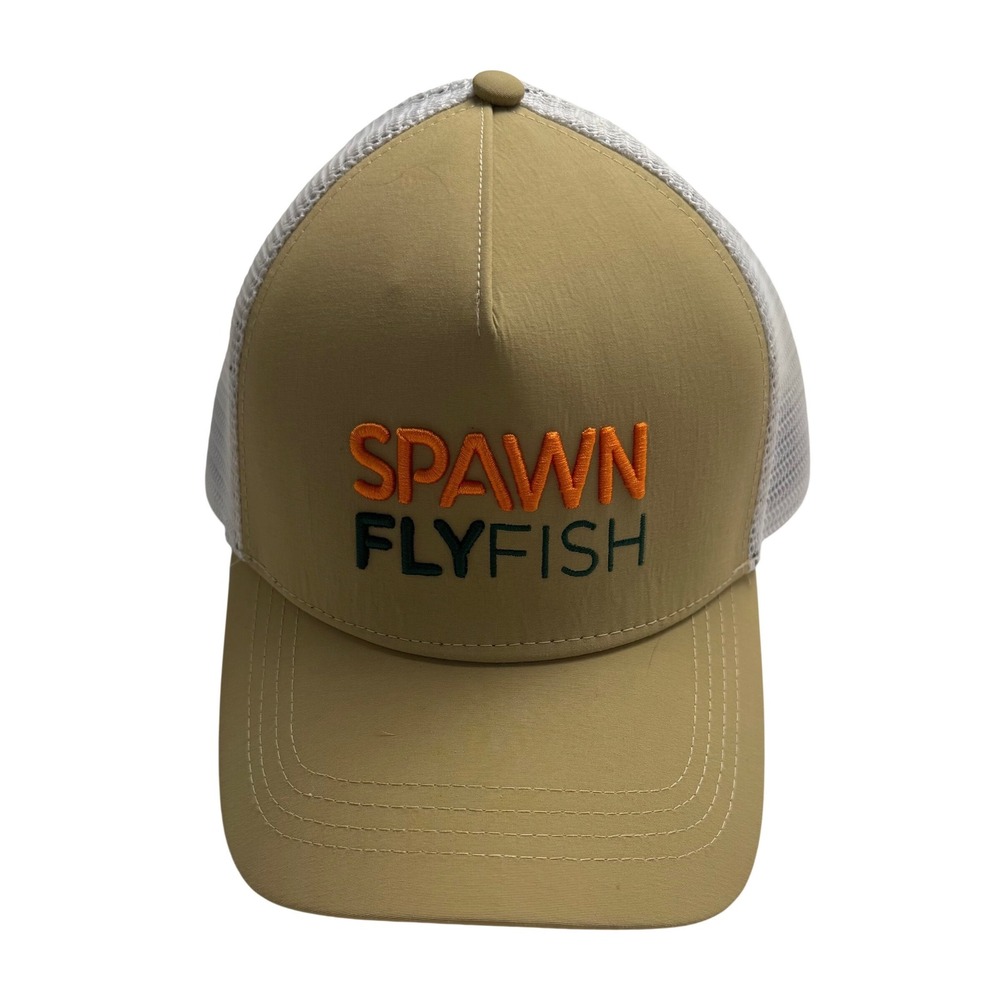 Spawn Flyfish Trucker Hat Tan White Mesh Snapback Baseball Cap Fishing Logo